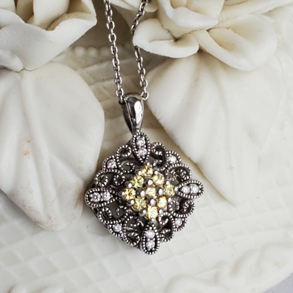 925 Sterling Diamond Yellow Topaz Rolo Chain Necklace ⬇️PRICE DROP⬇️